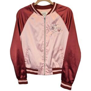 Ashley by 26 International Pink Satin Embroidered Floral Bomber Jacket M